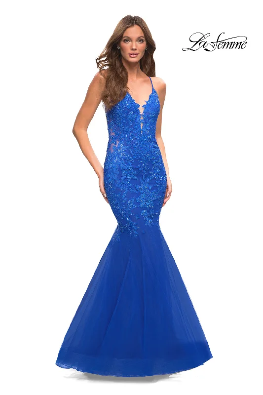 Backless Long Lace Mermaid Prom Dress by La Femme