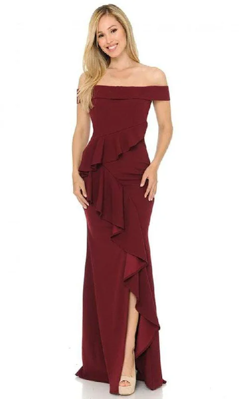 Lenovia - Ruffle Draped High Slit Gown 5207