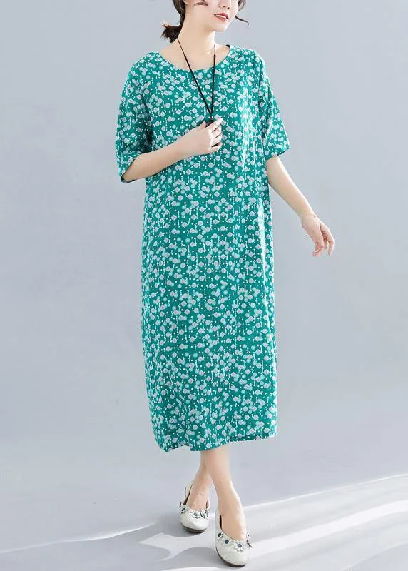 Modern o neck pockets linen cotton clothes Runway green print Dress summer