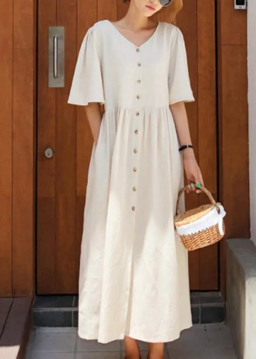 Modern v neck flare sleeve cotton linen summer dress Runway beige Dresses