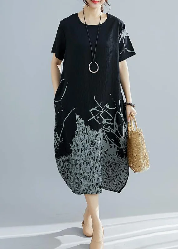 Natural black print cotton clothes For Women plus size Shape o neck Dresses Summer Dress Natural black print cotton clothes For Women plus size Shape o neck Dresses Summer Dress