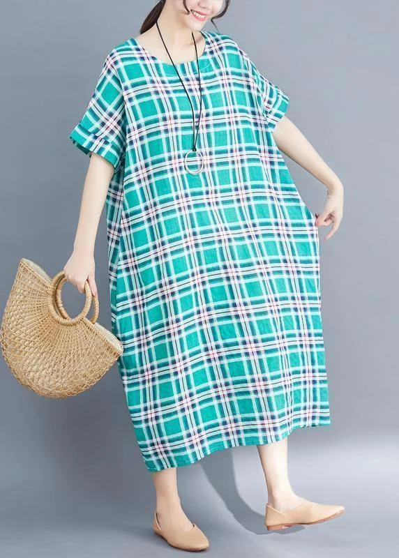 Natural green cotton clothes 2024 Sleeve plaid Plus Size Clothing summer Dress