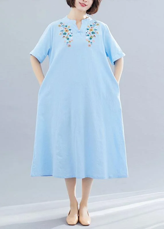 Natural light blue linen cotton clothes embroidery Plus Size Clothing summer Dresses