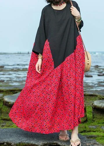Natural o neck large hem cotton linen dresses black patchwork red print Dresses summer