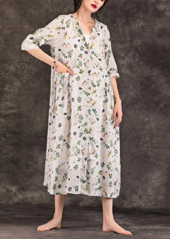 Natural v neck Button Down linen dresses Work Outfits gray print Dresses summer