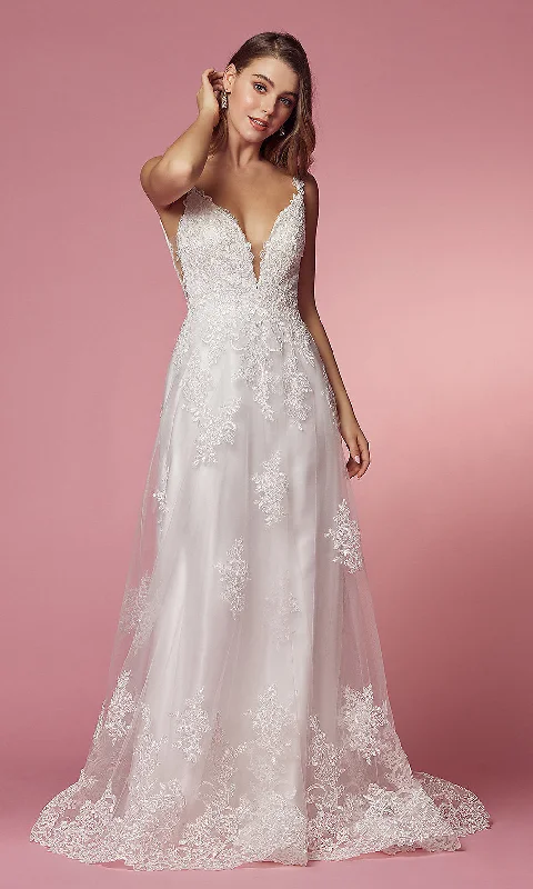 Lace-Applique V-Neck Long White Formal Ball Gown