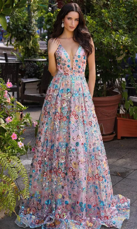 Nox Anabel R1430 - Plunging V-Neck Sequin Embellished Prom Gown