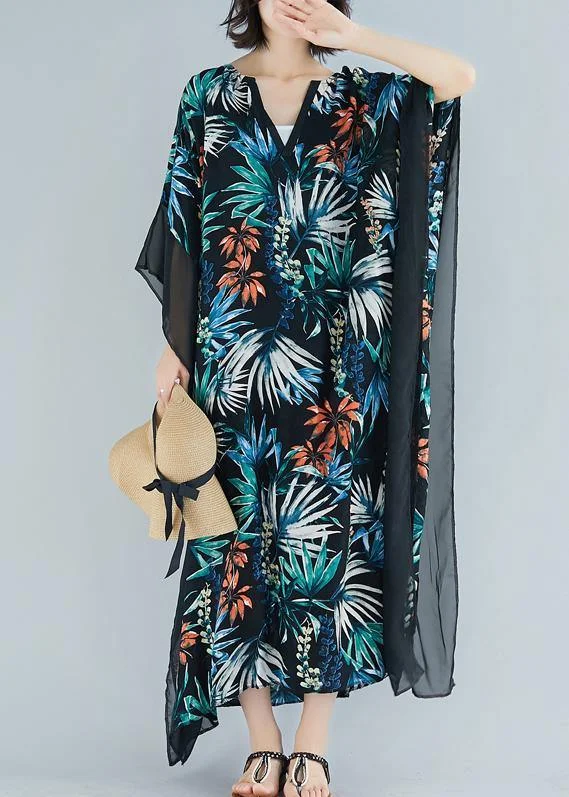 Simple black print chiffon dresses Omychic Fashion Ideas v neck patchwork Traveling Summer Dress