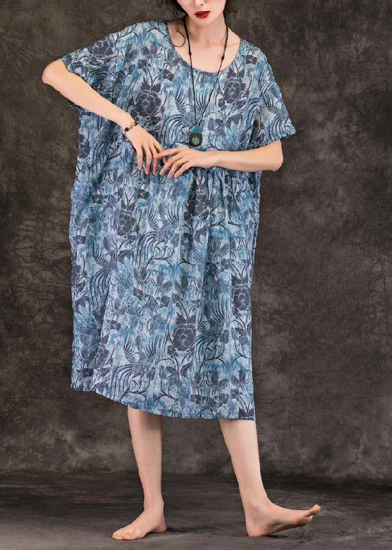 Simple blue print linen clothes o neck pockets loose summer Dress