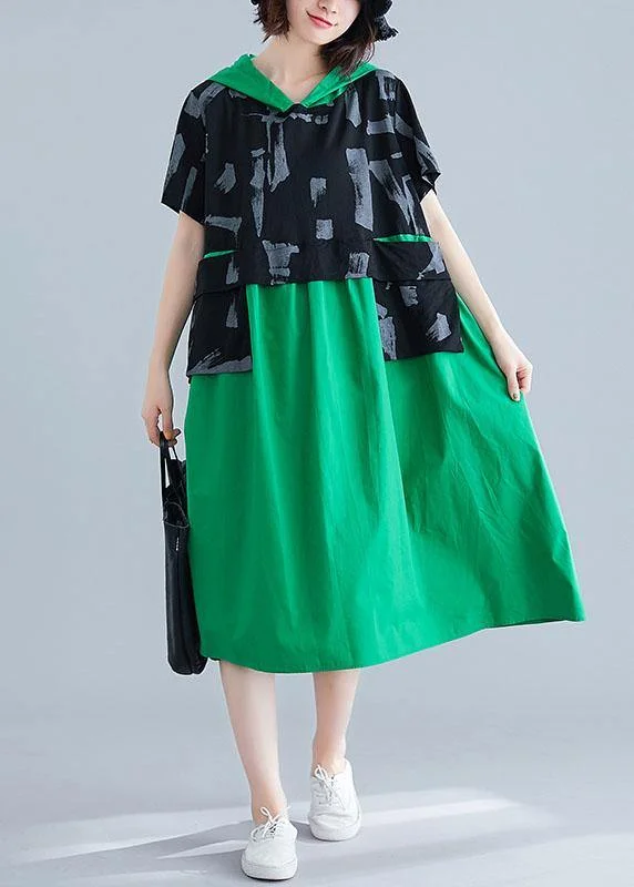Simple green hooded cotton clothes patchwork Art summer Dresses