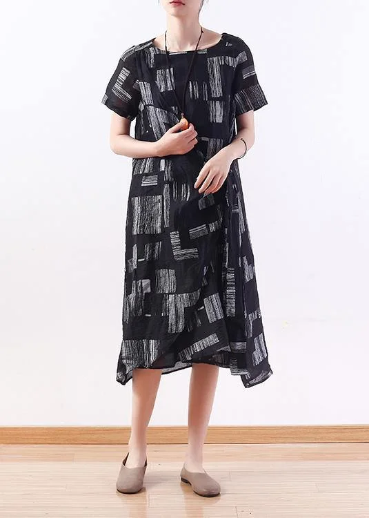 Simple o neck asymmetric linen dresses black print Dress