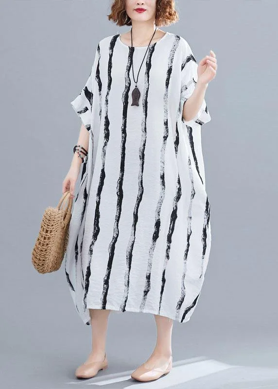Simple white striped cotton quilting dresses o neck pockets long summer Dresses