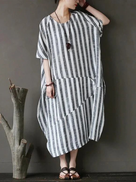 Style black striped cotton tunics for women o neck patchwork Art Dress