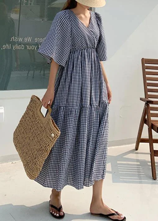 Style v neck Ruffles linen cotton summer quilting dresses Work plaid Dress