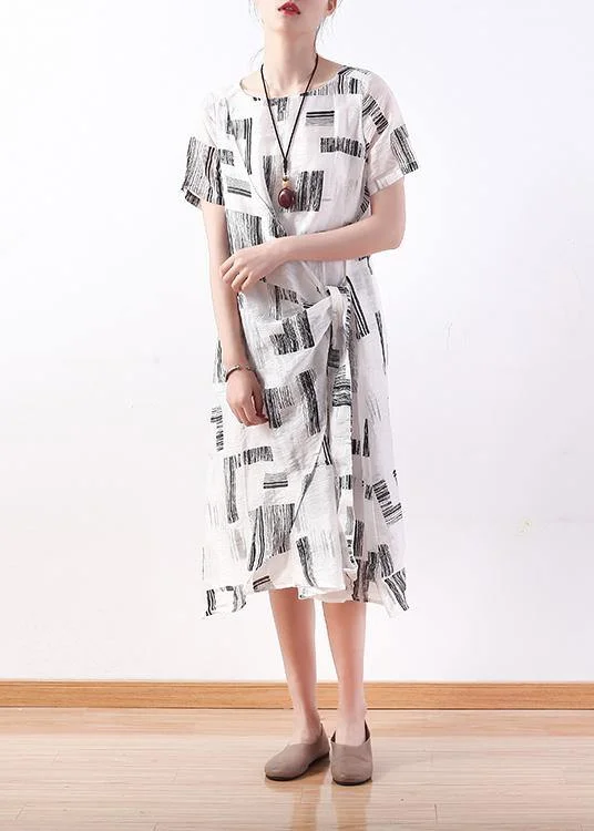 Style white print linen dress o neck asymmetric A Line Dresses