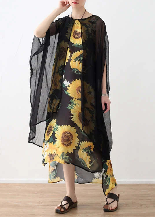 Style yellow print chiffon clothes Fashion Neckline o neck false two pieces Art Summer Dress Style yellow print chiffon clothes Fashion Neckline o neck false two pieces Art Summer Dress