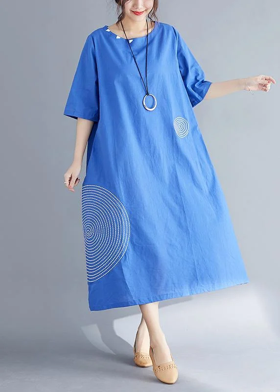 Unique blue cotton tunics for women fine Outfits o neck embroidery A Line Summer Dresses Unique blue cotton tunics for women fine Outfits o neck embroidery A Line Summer Dresses