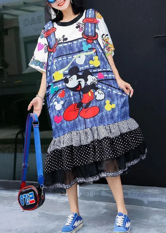 Unique blue prints Cotton tunic dress  ruffles hem daily summer Dresses