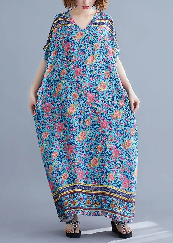 Vivid blue print Long v neck batwing sleeve Art summer Dress