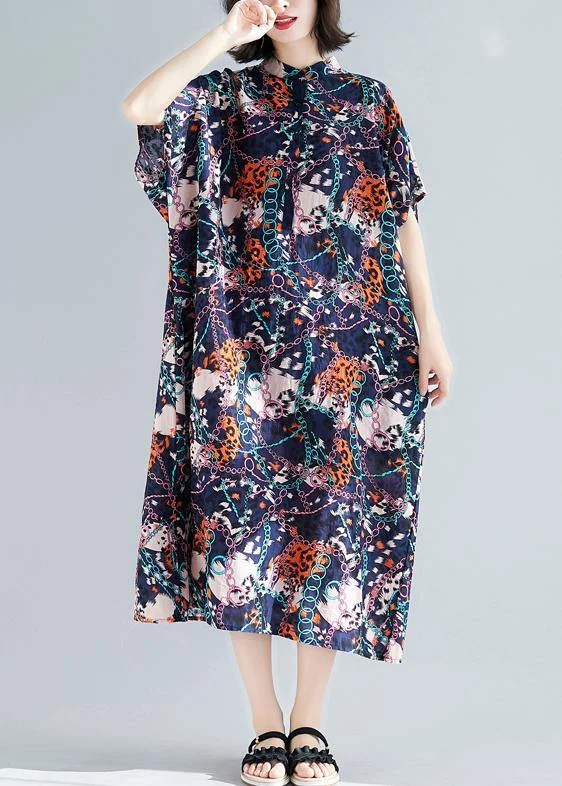 Vivid dark blue print cotton linen outfit stand collar pockets summer Dresses
