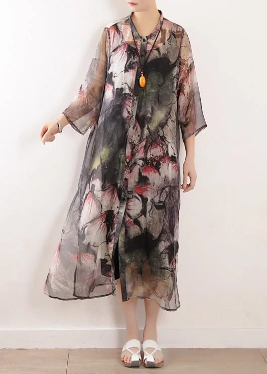 Women light gray prints blended dress Plus Size Photography side open long summer Dresses Women light gray prints blended dress Plus Size Photography side open long summer Dresses