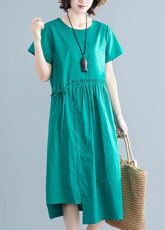 Women o neck drawstring cotton linen quilting dresses Tutorials green Dress summer