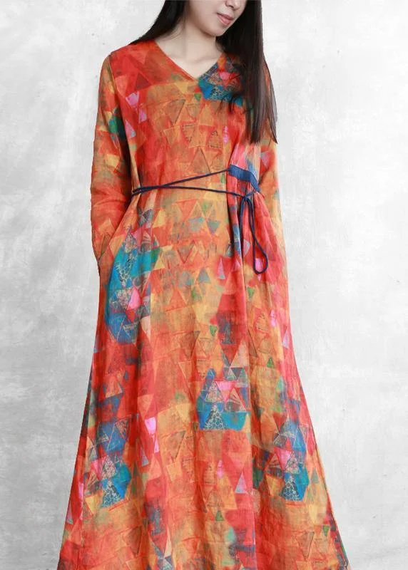 Women orange print linen clothes v neck tunic long summer Dresses