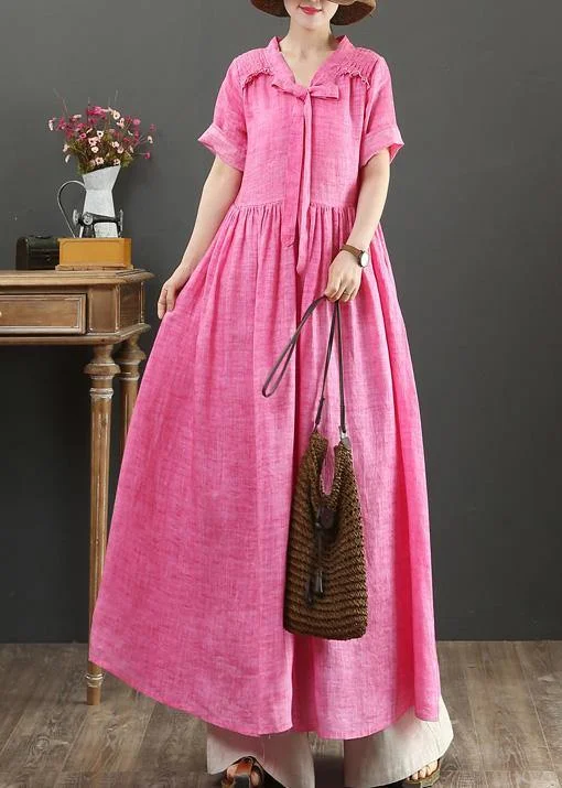 Women rose linen cotton clothes For Women v neck Bow Art summer Dress