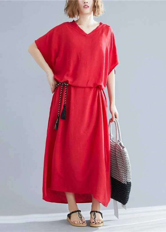 Women v neck pockets cotton linen summer Soft Surroundings Work red Dress